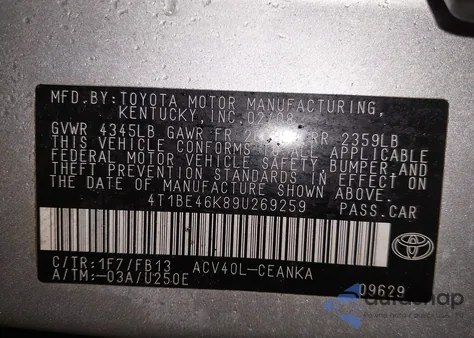 2009 Toyota Camry Le from USA, damaged, VIN 4T1BE46K89U269259